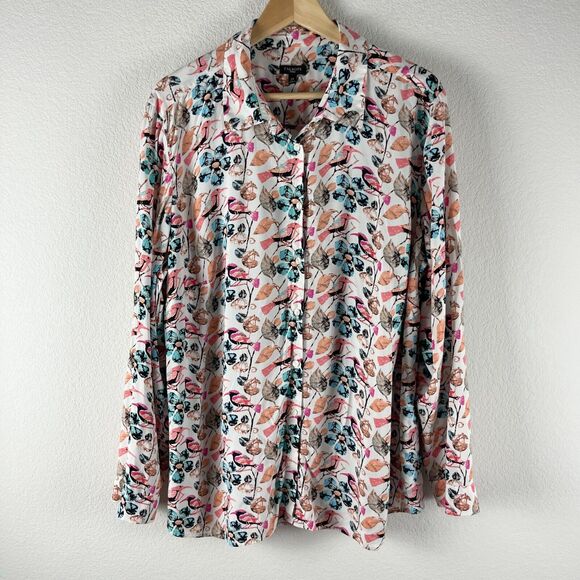 Talbots Bird Floral Print Top Womens 2X Pink Button Up Blouse Long Sleeve - Picture 1 of 12